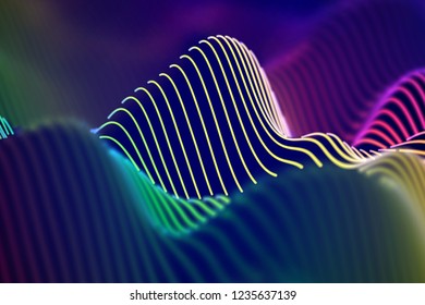 3D Sound waves. Big data abstract visualization. Digital technology concept: virtual landscape. Futuristic background. Colored sound waves, visual audio waves equalizer, EPS 10 vector illustration.