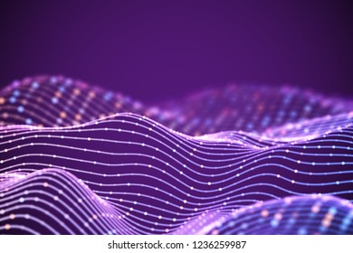 3D Sound waves with colored dots. Big data abstract visualization. Digital concept: virtual landscape. Futuristic background. Pink sound waves, visual audio waves equalizer, EPS 10 vector illustration
