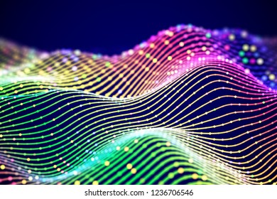 3D Sound waves with colored dots. Data abstract visualization. Digital concept: virtual landscape. Futuristic background. Colored sound waves, visual audio waves equalizer, EPS 10 vector illustration