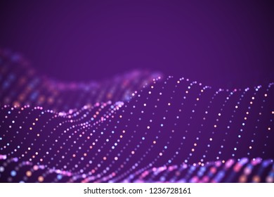 3D Sound waves with colored dots. Big data abstract visualization. Digital concept: virtual landscape. Futuristic background. Pink sound waves, visual audio waves equalizer, EPS 10 vector illustration