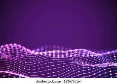 3D Sound waves with colored dots. Big data abstract visualization. Digital concept: virtual landscape. Futuristic background. Pink sound waves, visual audio waves equalizer, EPS 10 vector illustration