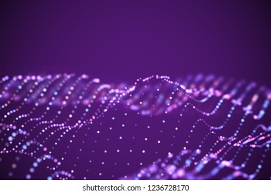 3D Sound waves with colored dots. Big data abstract visualization. Digital concept: virtual landscape. Futuristic background. Pink sound waves, visual audio waves equalizer, EPS 10 vector illustration