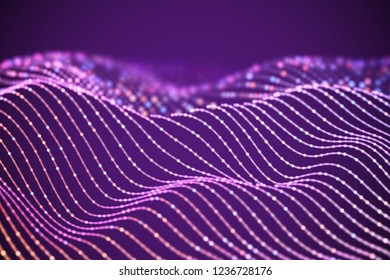 3D Sound waves with colored dots. Big data abstract visualization. Digital concept: virtual landscape. Futuristic background. Pink sound waves, visual audio waves equalizer, EPS 10 vector illustration