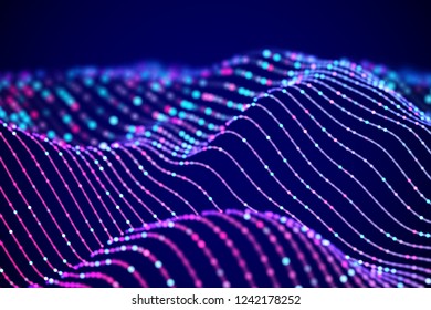 3D Sound waves with colored dots. Big data abstract visualization. Digital concept: virtual landscape. Futuristic background. Sound waves, visual audio waves equalizer, EPS 10 vector illustration.