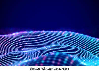 3D Sound waves with colored dots. Big data abstract visualization. Digital concept: virtual landscape. Futuristic background. Sound waves, visual audio waves equalizer, EPS 10 vector illustration.