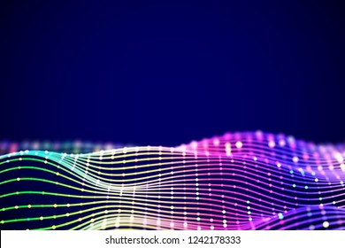 3D Sound waves with colored dots. Data abstract visualization. Digital concept: virtual landscape. Futuristic background. Colored sound waves, visual audio waves equalizer, EPS 10 vector illustration