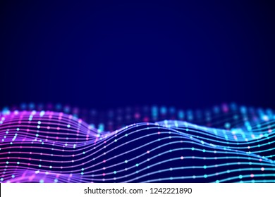 3D Sound waves with colored dots. Big data abstract visualization. Digital concept: virtual landscape. Futuristic background. Sound waves, visual audio waves equalizer, EPS 10 vector illustration.