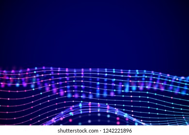 3D Sound waves with colored dots. Big data abstract visualization. Digital concept: virtual landscape. Futuristic background. Sound waves, visual audio waves equalizer, EPS 10 vector illustration.