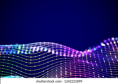 3D Sound waves with colored dots. Data abstract visualization. Digital concept: virtual landscape. Futuristic background. Colored sound waves, visual audio waves equalizer, EPS 10 vector illustration