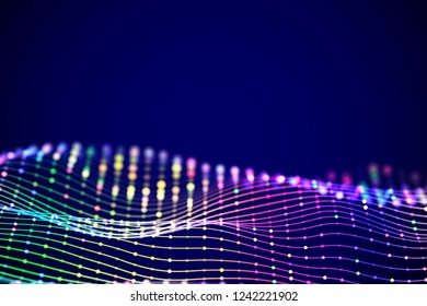 3D Sound waves with colored dots. Data abstract visualization. Digital concept: virtual landscape. Futuristic background. Colored sound waves, visual audio waves equalizer, EPS 10 vector illustration