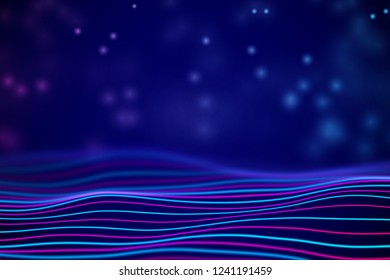 3D Sound waves with floating particles. Data abstract visualization. Digital concept: virtual landscape. Futuristic background. Colored sound waves, audio waves equalizer, EPS 10 vector illustration