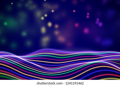 3D Sound waves with floating particles. Data abstract visualization. Digital concept: virtual landscape. Futuristic background. Colored sound waves, audio waves equalizer, EPS 10 vector illustration