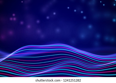 3D Sound waves with floating particles. Data abstract visualization. Digital concept: virtual landscape. Futuristic background. Colored sound waves, audio waves equalizer, EPS 10 vector illustration