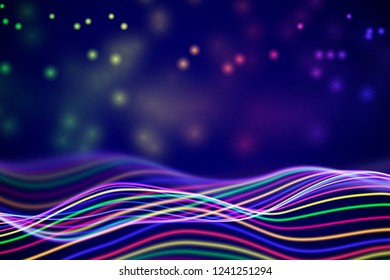 3D Sound waves with floating particles. Data abstract visualization. Digital concept: virtual landscape. Futuristic background. Colored sound waves, audio waves equalizer, EPS 10 vector illustration