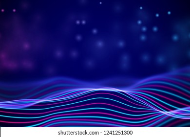 3D Sound waves with floating particles. Data abstract visualization. Digital concept: virtual landscape. Futuristic background. Colored sound waves, audio waves equalizer, EPS 10 vector illustration