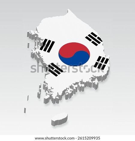 3D South Korea map with flag. Three dimensional map of South Korea with shadow. Flag of Republic of Korea on white background for your design, app, UI.  Stock vector. EPS10.