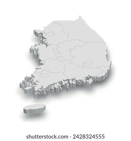 Mapa blanco 3d de Corea del Sur con regiones aisladas sobre fondo blanco