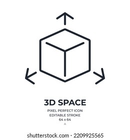 Icono de contorno de trazo editable de espacio 3D aislado en ilustración vectorial plana de fondo blanco. Pixel perfecto. 64 x 64.