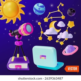 3d Space Education Concept Telescope on Book with Laptop and Planets Around Cartoon Design Style. Vector illustration
