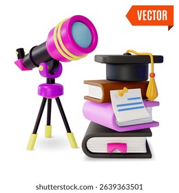 3d Space Education Concept Telescope with Tripod and Black Graduation Cap on Top of Pile of Books Cartoon Design Style. Vector illustration