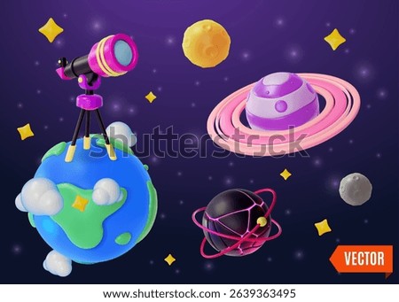 3d Space Education Concept Telescope with Tripod on Earth and Planets Around Cartoon Design Style. Vector illustration