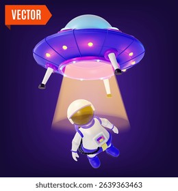 3d Space Exploration Concept Astronaut Floating in Outer Space and Ufo Ship with Yellow Glowing Cartoon Design Style. Vector illustration