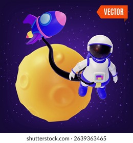 3d Space Exploration Concept Astronaut Floating in Outer Space and Moon Cartoon Design Style. Vector illustration
