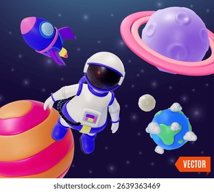 3d Space Exploration Concept Astronaut Floating in Outer Space and Earth Cartoon Design Style. Vector illustration