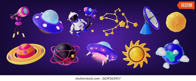 3d Space Exploration Concept Different Color Elements Set Cartoon Design Style. Vector illustration of Planet, Moon and Telescope