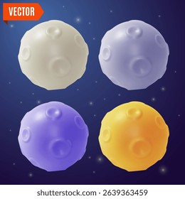 3d Space Exploration Concept Different Color Full Moon Set on a Night Sky Cartoon Design Style. Vector illustration
