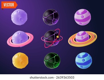 3d Space Exploration Concept Different Color Planets Set Cartoon Design Style. Vector illustration of Moon and Mystery Planet with Rings