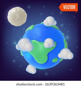 3d Space Exploration Concept Earth Planet and Moon Cartoon Design Style. Vector illustration of Satellite System