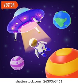 3d Space Exploration Concept Planets, Astronaut Floating and Alien Ship with Yellow Glowing Cartoon Design Style. Vector illustration