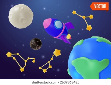3d Space Exploration Concept Rocket Embarking on a Galaxy Cartoon Design Style. Vector illustration of Spaceship