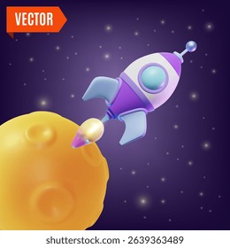 3d Space Exploration Concept Rocket Flight Spaceship and Moon Cartoon Design Style. Vector illustration of Flying Shuttle