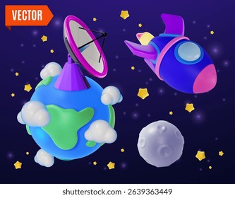 3d Space Exploration Concept Satellite Dish Signal Radar on Earth Planet Cartoon Design Style. Vector illustration