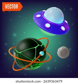 3d Space Exploration Concept Ufo Ship and Dark Planet Cartoon Design Style. Vector illustration