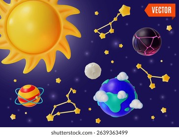 3d Space Exploration Stars and Planets Concept Background Cartoon Design Style. Vector illustration of Sun and Star Constellations