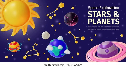 3d Space Exploration Stars and Planets Concept Ads Banner Promotion Poster Card Cartoon Design Style. Vector illustration