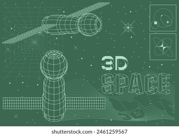 3D Space Illustration, Spacecraft, Surfaces, Stars, Perspective Grid 1980s Computer Graphics Stylization, Digital Objects Style Vector Elements