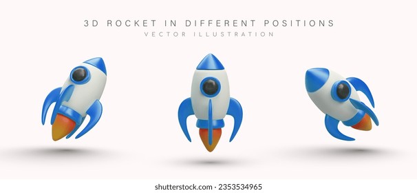 3D space rocket in different positions. Spaceship in flight. Rocket with running engine, fire from turbines. Set of realistic colored icons. Template for web design