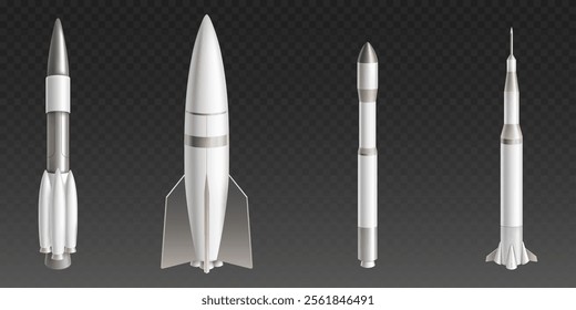 3D space rockets set isolated on transparent background. Vector realistic illustration of modern spacecraft technology, vertical spaceship ready for start, astronaut shuttle launch, missile mockup