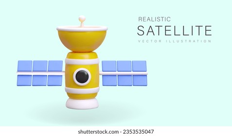 Satélite espacial 3D con paneles solares y antena. Transmisión de datos desde el espacio. Servicio de Inteligencia. Estudio de la Tierra. Concepto con ilustración realista para el diseño web