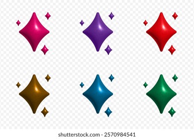 3D sparkle stars set of different colors. Volume 3d icons of star shapes. Elements for design for banners, cards or web design and apps. Vector illustration.