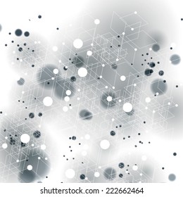 3d spatial lattice covering, complicated op art background with smudge dots and geometric shapes, eps10. Science and technology theme. Abstract network, web backdrop.