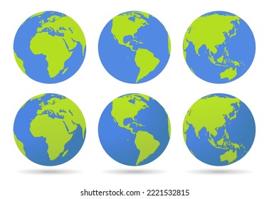 3D spatial and simple flat blue green world map illustration in a globe shape isolated on the background. Vector icon set of globes of earth