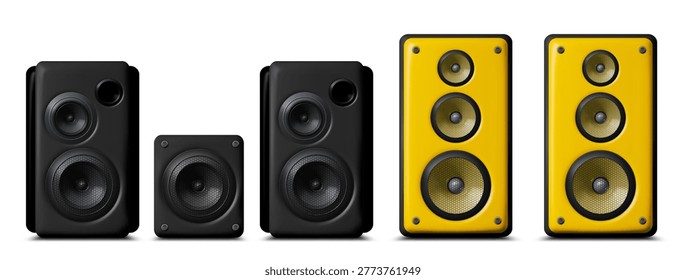  3D speaker realistic vector illustration, sound equipment set. Modern loudspeaker, different design in black or yellow box, music system, radio device or subwoofer isolated, home audio technology