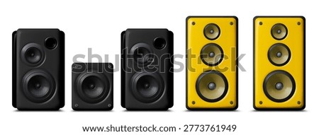  3D speaker realistic vector illustration, sound equipment set. Modern loudspeaker, different design in black or yellow box, music system, radio device or subwoofer isolated, home audio technology