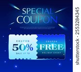 3d Special coupon with percent price off, free offer, coupon code, isolated on deep blue background with star effect. Gift voucher for premium promotion in 3d vector