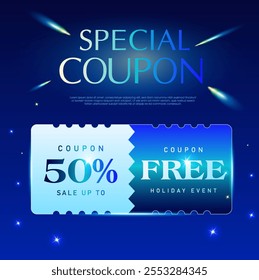 3d Cupom especial com preço percentual de desconto, oferta gratuita, código do cupom, isolado no fundo azul profundo com efeito estrela. Vale-presente para promoção premium em vetor 3d